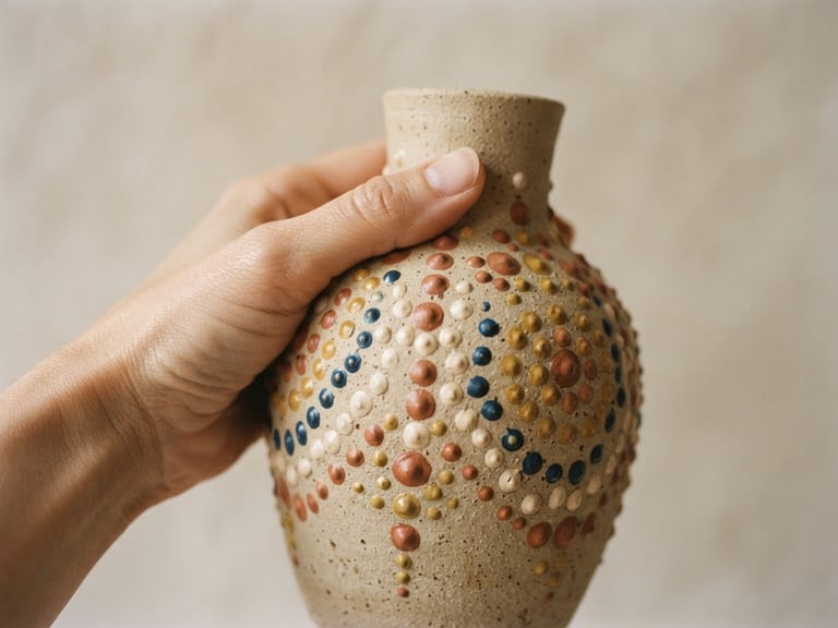 Warm editorial photography of a hand holding a dot-painted ceramic vase, soft natural side-light, minimalist neutral sand background, macro shot showing paint texture, 35mm