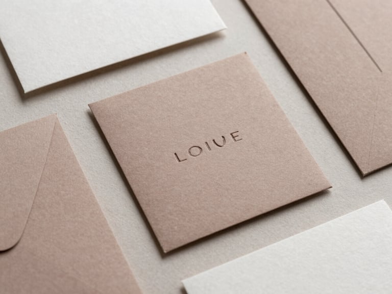 Flat-lay of minimalist branding collateral on textured paper, soft natural studio light, desaturated clay tones, sharp macro lens