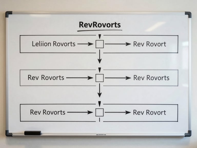 Full-screen capture of a whiteboard RevOps workflow diagram showing five labeled horizontal swim lanes connected by directional arrows, handoff nodes marked with squares, photographed straight-on under flat diffused office lighting, no people visible, neutral background