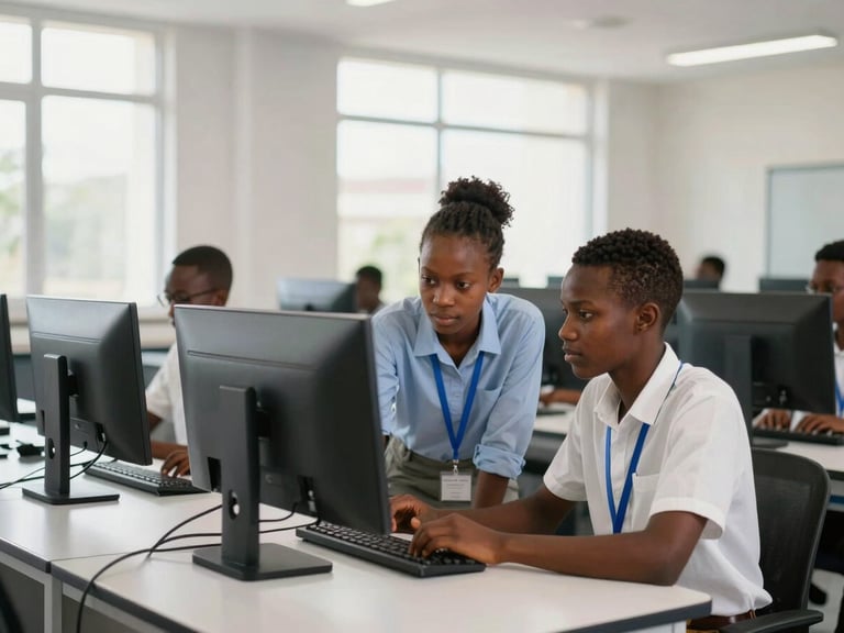 Modern clean computer lab in West Africa, students collaborating in front of flat screens, bright natural light, shallow depth of field