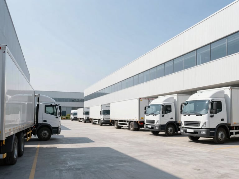 State of the art logistics warehouse with clean white lines, modern cargo trucks parked, bright daylight, wide angle