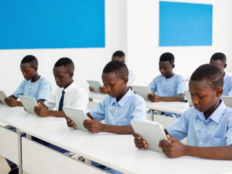 Bright editorial photography of West African students using digital tablets in a modern, clean classroom in Touba, natural daylight, vibrant sky blue accents, sharp focus.