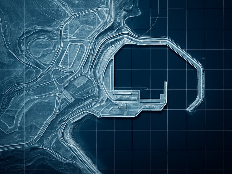 Top-down orthographic view of a coastal infrastructure development map, sharp high-contrast daylight, overlaid with vector GIS grid lines and elevation markers