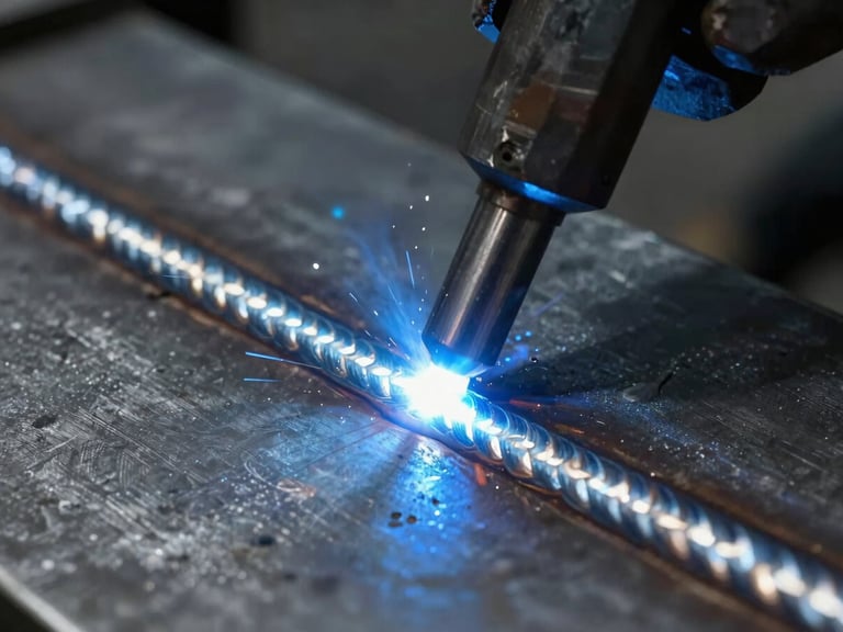 Close-up macro shot of a perfect, clean MIG weld bead on steel plate, industrial workshop setting, dramatic blue welding arc light, sharp metallic details.