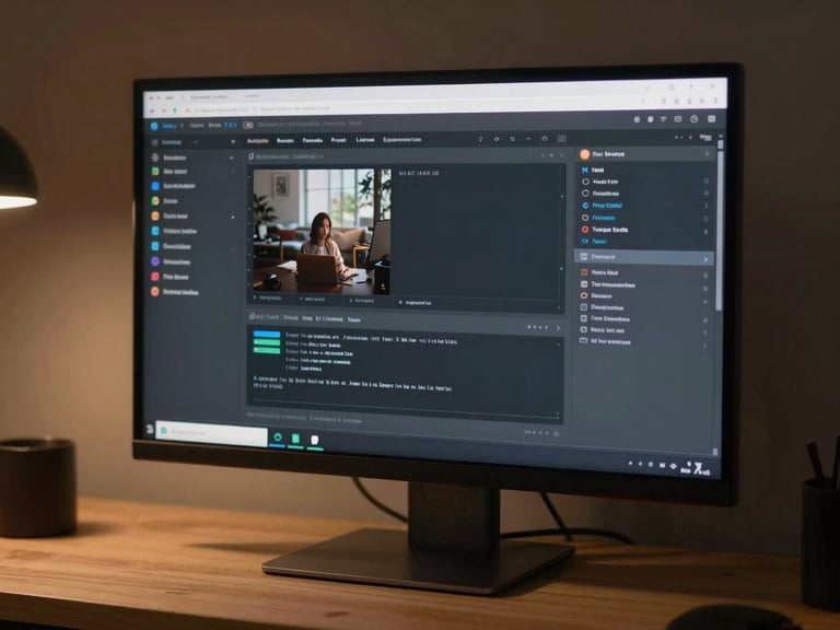 Extreme close-up of a high-fidelity responsive UI layout displayed on a physical monitor, warm directional amber highlights casting soft shadows across a clean architectural desk setup, low-key dramatic studio lighting.