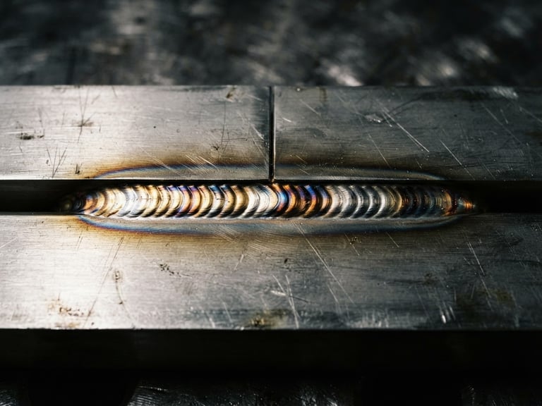 Macro shot of a flawless TIG weld joint on brushed stainless steel, dramatic side lighting, industrial editorial style, 35mm lens