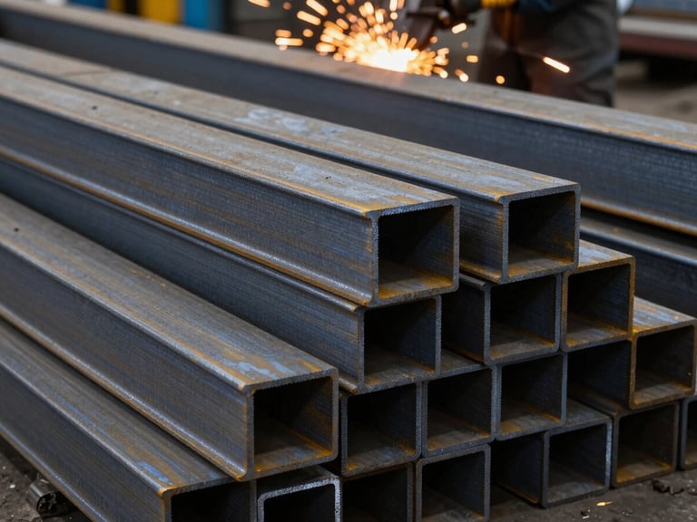 Close-up of raw steel beams stacked in a clean, organized industrial workshop, dramatic sparks from a cutting tool in the background, high-contrast side lighting.