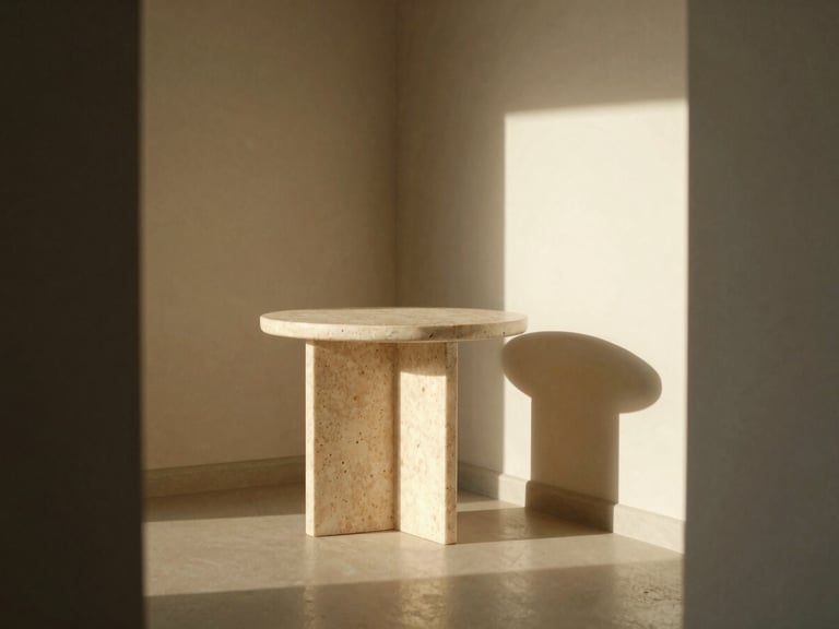 A minimalist room with low-angle warm afternoon sunlight, showcasing a travertine side table and statement lighting casting soft shadows, architectural framing, 35mm