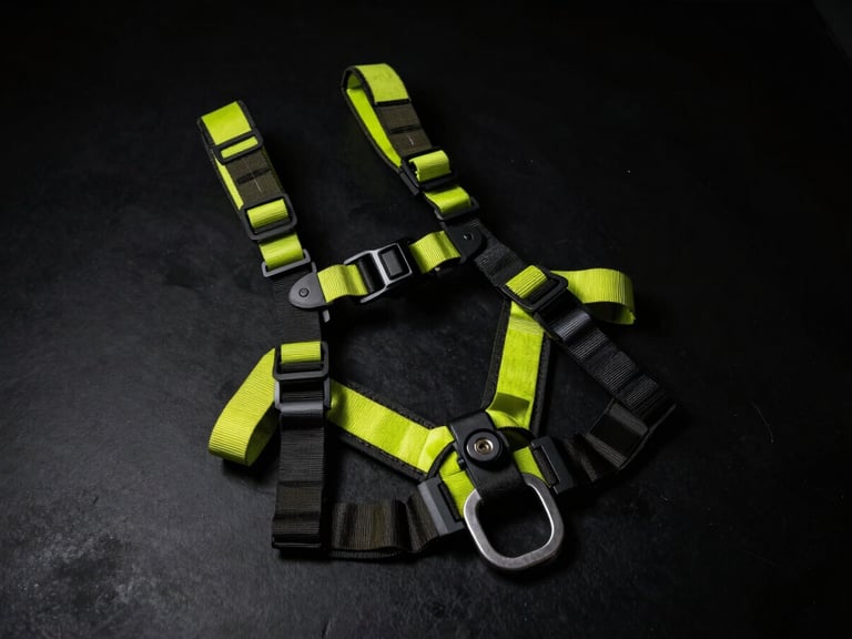 High-contrast industrial photography of tactical safety harness and rugged rescue gear on a matte black surface, sharp neon highlights, dramatic low-key lighting