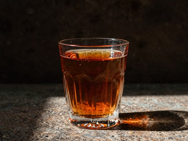 Amber mezcal in a hand-blown glass, against a dark, textured stone background, harsh natural sunlight, deep shadows, warm editorial photography, rich terracotta tones, 35mm film