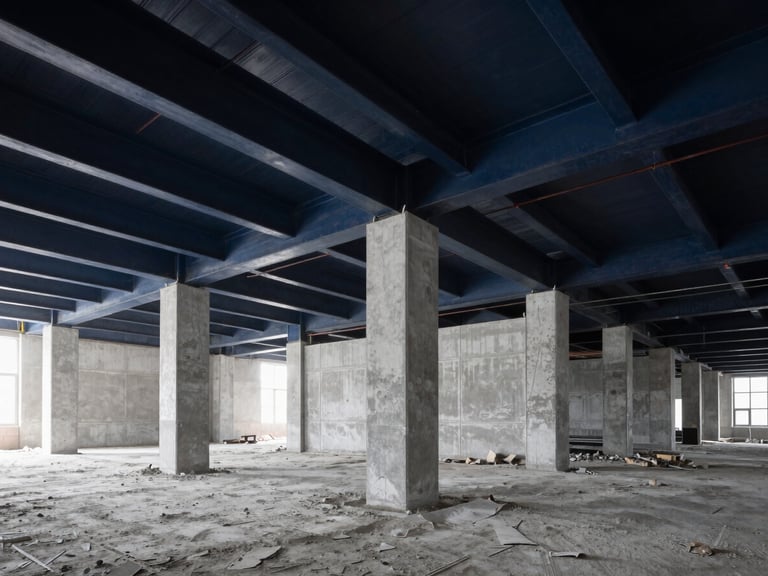 Industrial interior demolition site, clean and organized, dramatic side lighting on concrete dust and steel beams, high contrast architectural construction photography