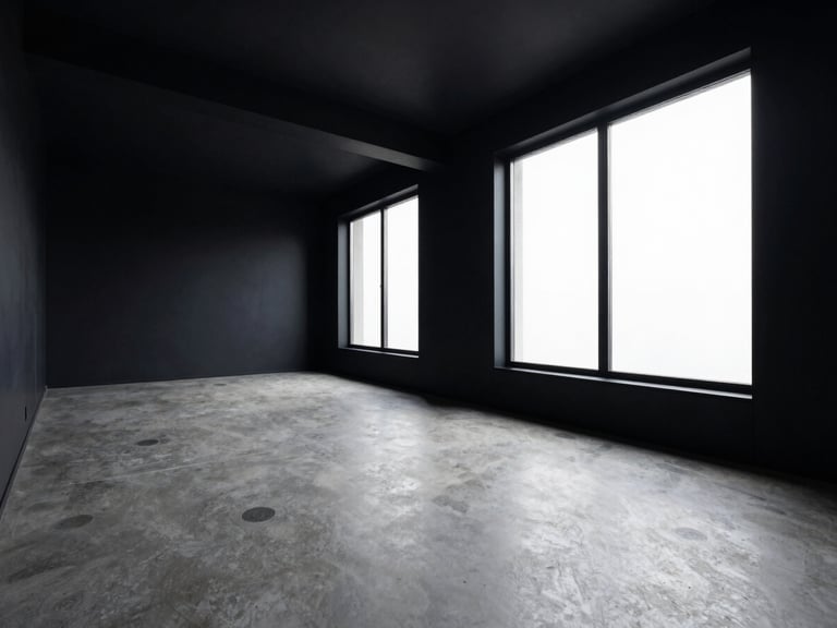 Wide architectural shot of a minimalist premium apartment interior, microcement floor, dramatic natural light from large windows, matte black details