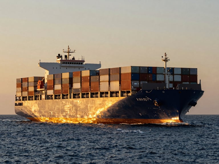 A massive modern container ship navigating deep blue waters at twilight, golden hour sunlight highlighting the stacked cargo