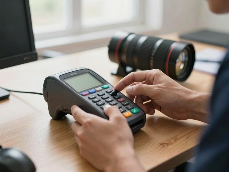Documentary-style shot of a technician configuring a handheld billing terminal on a wooden desk, bright natural window lighting, practical focus on hands
