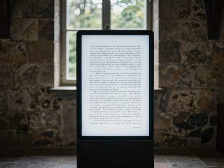 A minimalist physical installation inside a dimly lit stone stable, a glowing modern tablet screen displaying historical text, soft natural window light reflecting on the screen, moody atmosphere