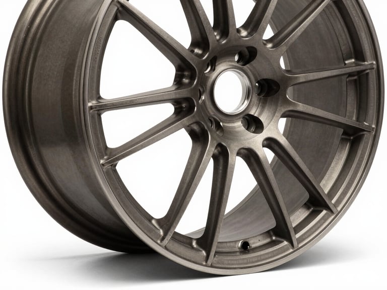 Close-up three-quarter profile studio photograph of the VR-1 monoblock forged wheel on a stark white ground, hard overhead strobe light casting precise shadow beneath the lip, revealing machined spoke faces and milled pockets, extreme foreground detail on spoke-to-barrel junction, no background elements