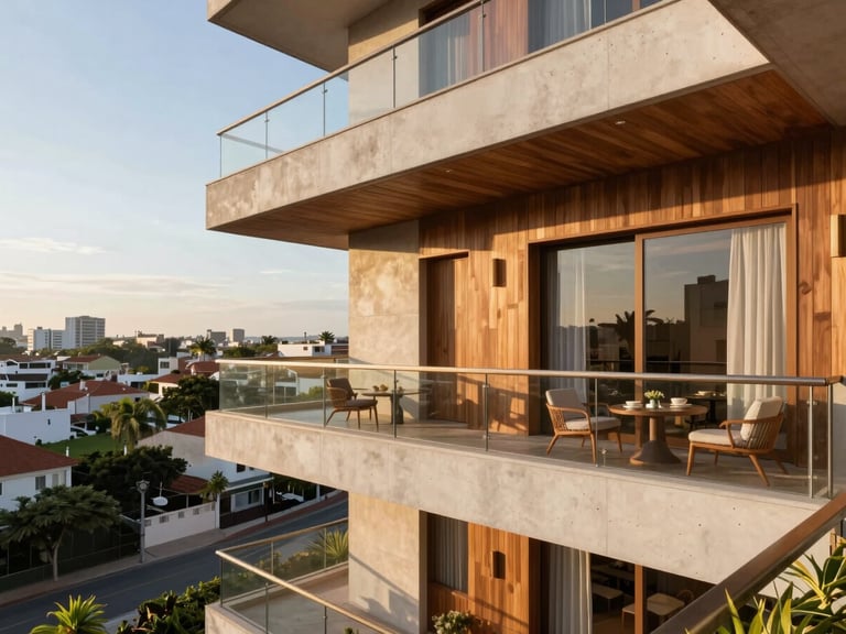 Sun-drenched gourmet balcony of a high-end apartment in São José do Rio Preto, featuring premium materials like wood and concrete, natural golden hour lighting