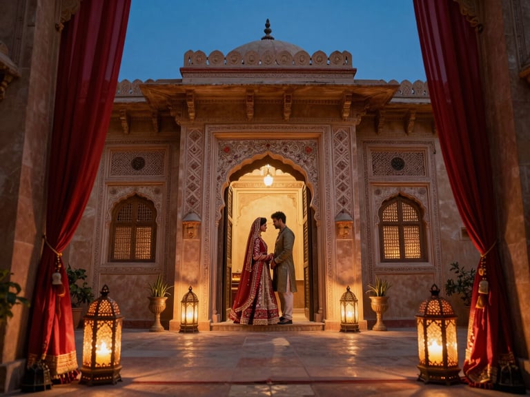 Wide cinematic still from a wedding film — couple framed in a doorway of a richly-decorated haveli courtyard at dusk, warm tungsten lanterns and candles lighting the foreground, deep blue sky visible above, jewel-toned fabric draped on either side of the frame