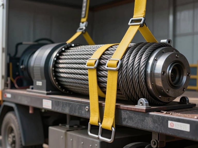Tight technical macro shot of heavy-duty steel rigging cables and secure yellow tension straps holding industrial machinery on a flatbed truck, clean industrial background.