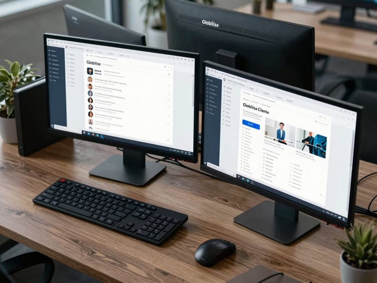 Overhead environmental shot of a modern organized workspace with dual monitors displaying the Globilise client portal interface under cool natural daylight.