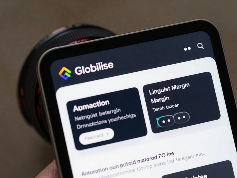 A high-fidelity crisp UI mockup of the Globilise vendor assignment screen, showing interactive linguist matching, real-time margin tracking, and automated PO generation.