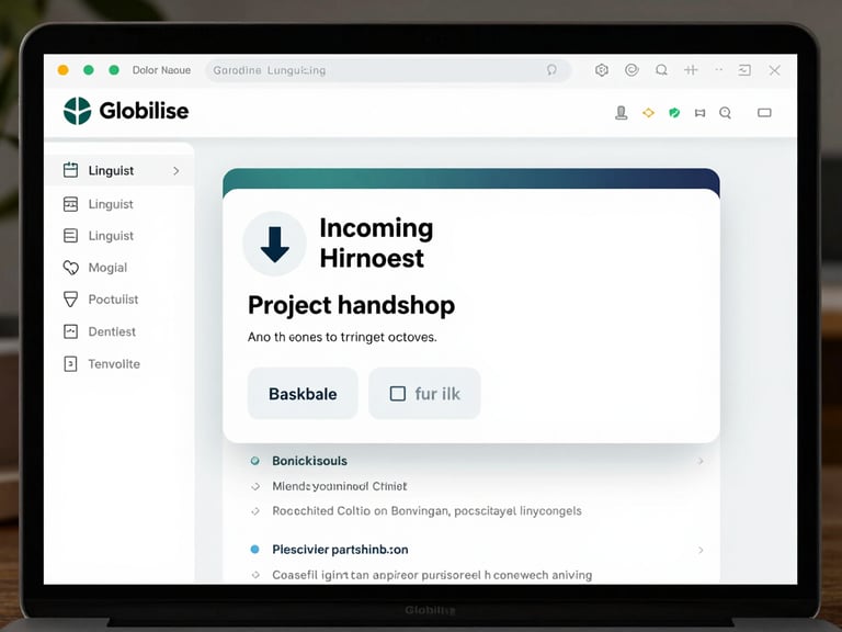 A detailed UI mockup of the Globilise linguist portal showing an incoming project handoff notification with file download links and a digital purchase order