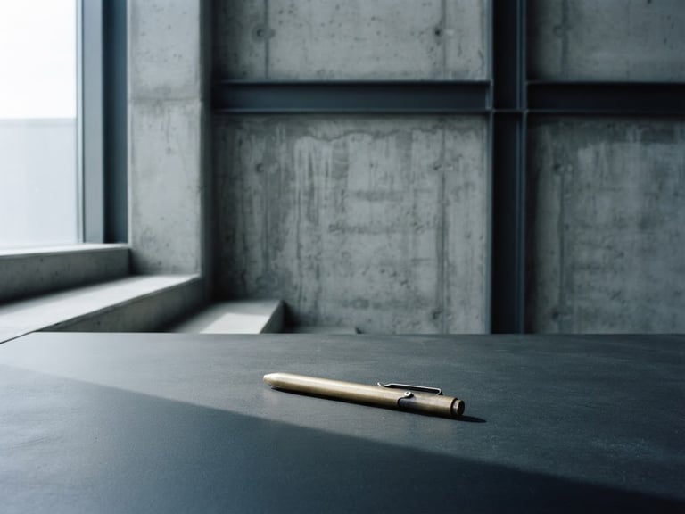 Minimalist architectural photography of clean concrete lines and steel beams, a single brass pen resting on a dark matte desk in the foreground, cool diffused daylight with sharp shadows, 35mm