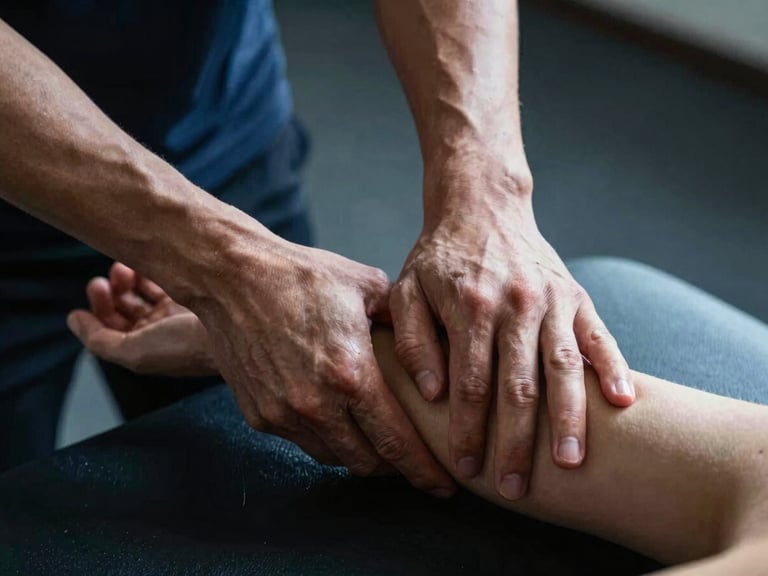 Close-up of hands applying deep tissue sports massage to a rider's forearm, high-contrast dramatic light, athletic clinical setting.