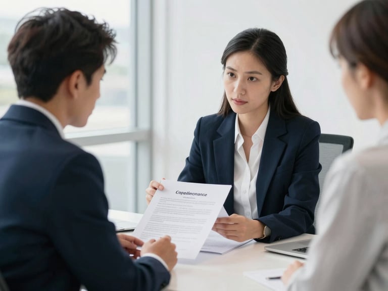 A bright modern Canadian office with natural light, a professional advisor reviewing a corporate compliance document with an entrepreneur, sharp focus, 35mm lens
