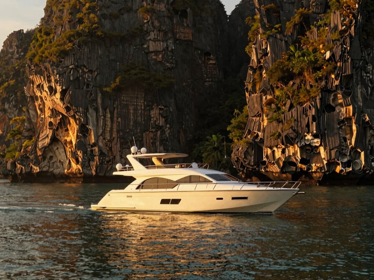 A private luxury yacht sailing past towering limestone cliffs in Phang Nga Bay, Thailand, warm golden hour light reflecting on the water, 35mm editorial travel photography.