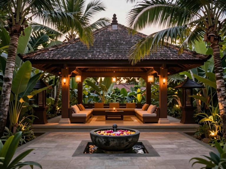 A serene open-air wellness pavilion in Bali surrounded by lush tropical palms, soft ambient candlelight, a stone water basin with floating petals, warm editorial travel photography.
