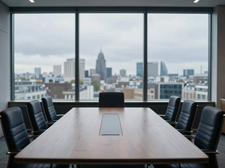 Refined corporate boardroom in London, cool overcast daylight filtering through large windows, minimalist oak table, professional atmosphere, 35mm editorial photography