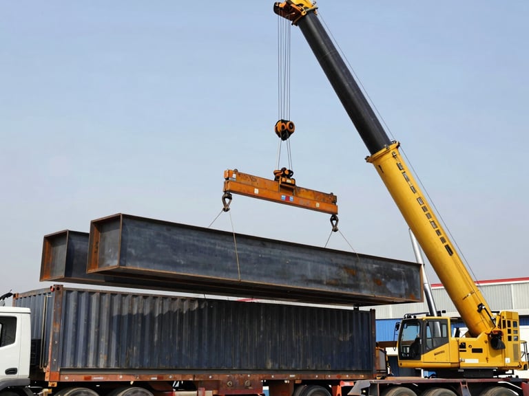 A heavy-duty yellow hydraulic crane lifting massive steel beams into a large metal container truck, industrial recycling yard backdrop, bright daylight, 35mm lens