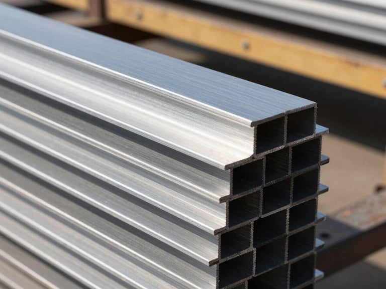 Close-up of clean stacked aluminum profiles in bright natural daylight, metallic sheen, industrial sorting yard background, sharp focus, 35mm lens