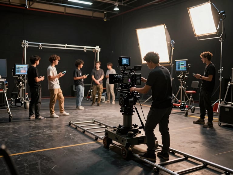 Wide shot of a full student film crew mid-setup on a black-painted sound stage, camera operator adjusting a cinema camera on a dolly track, practicals and tungsten lights overhead casting warm directional shadows, several crew members in background checking monitors and rigging equipment