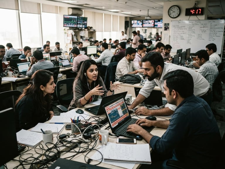 Photojournalistic shot of a bustling newsroom in Gurgaon, India, with journalists at desks, screens displaying data, and a focus on collaborative work. Natural light, high contrast, desaturated editorial tones.