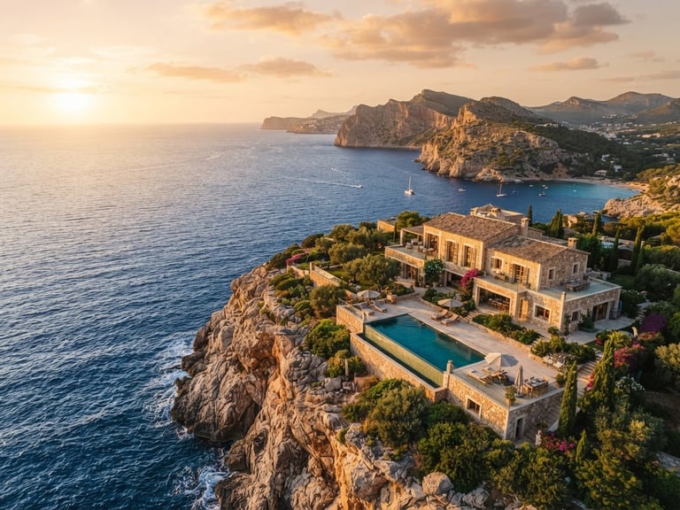 Wide cinematic drone shot of a luxury cliffside villa in Mallorca at golden hour, deep blue Mediterranean sea below, warm sunlight bathing stone walls