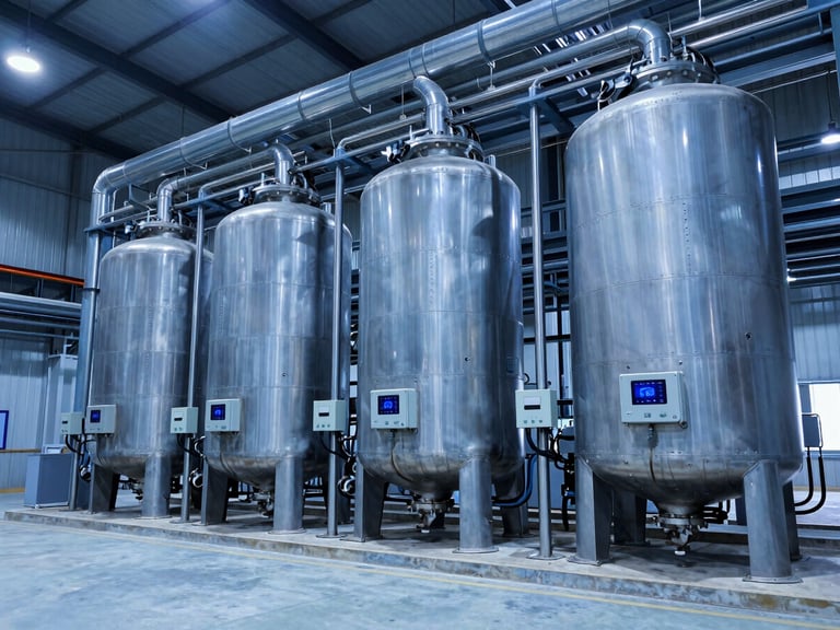 High-tech industrial interior showing thermal energy storage tanks integrated with steel piping and digital monitoring systems, cool blue lighting