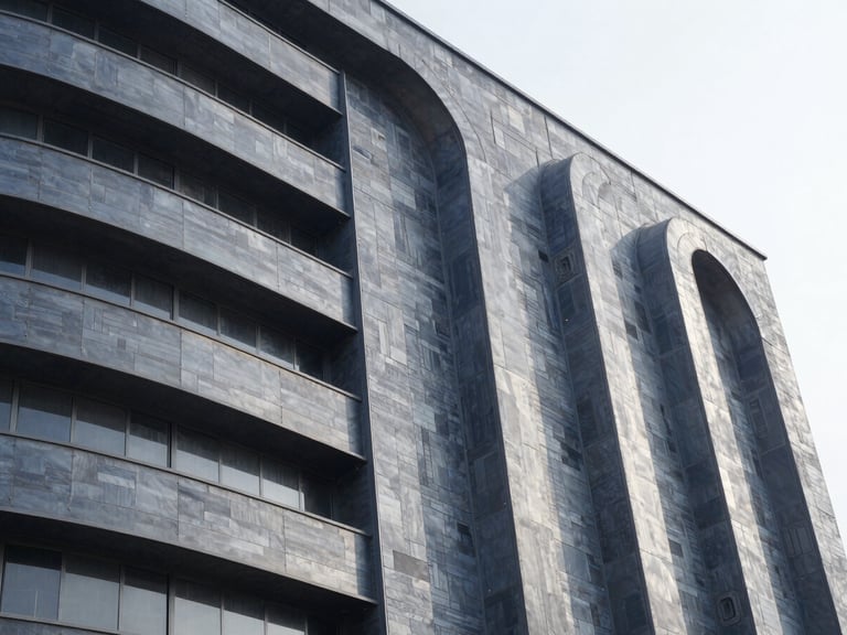 Close-up architectural shot of a factory facade with custom aerodynamic steel curves guiding wind flow, high-contrast technical details, slate gray tones