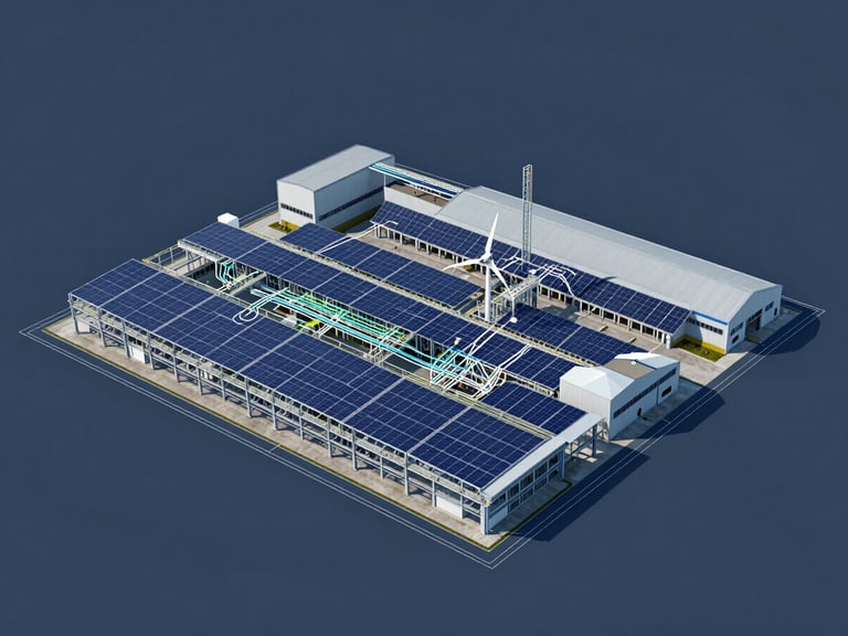 Detailed technical blueprint overlay showing energy flow charts and wind-solar integration inside a factory structural model, clean grid layout, high-contrast slate blue background
