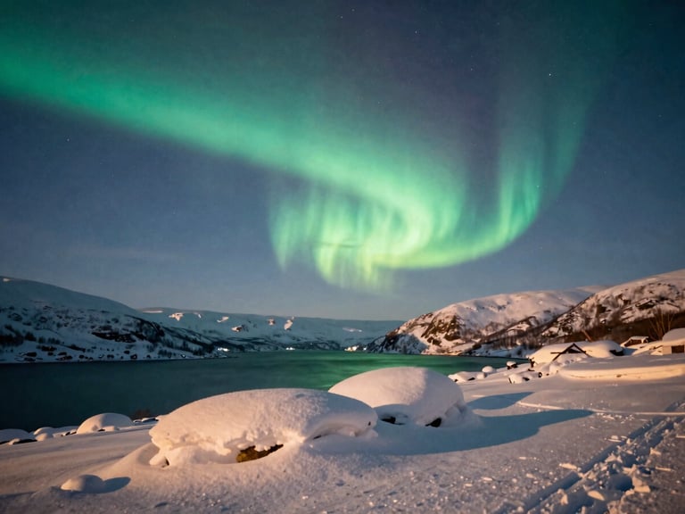 Wide shot of a snow-covered fjord under a vibrant aurora borealis, low horizon, deep blue and green tones, atmospheric winter photography.