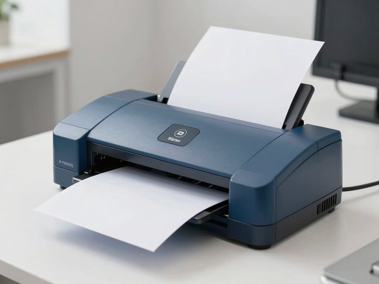 Clean corporate photography, bright neutral office daylight, close-up of a high-speed document scanner processing paper archives in a modern, organized workspace, 35mm