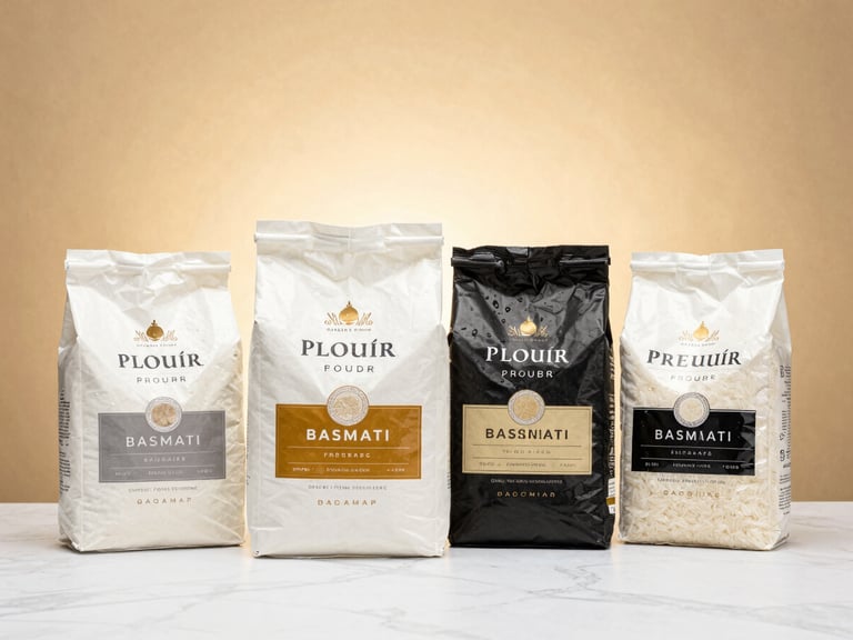 A clean-lined, elegant product lineup of premium flour and basmati rice packages on a white marble surface, warm gold lighting