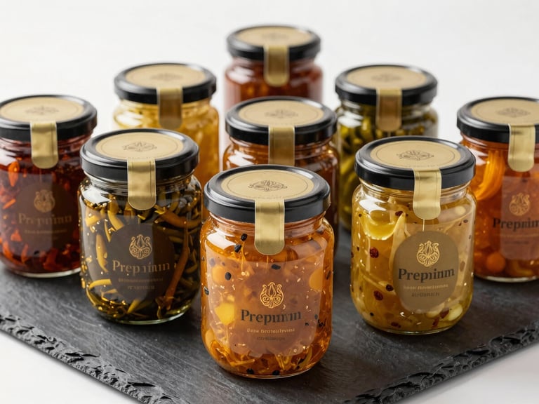 Premium glass jars of traditional Indian pickles arranged on a dark slate surface, rich textured spices visible, warm golden highlights
