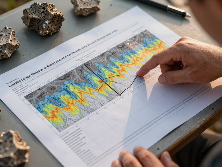 Close-up overhead view of a borehole log printout and subsurface resistivity cross-section map spread flat on a field table, a geophysicist's hand pointing to a data anomaly line, golden-hour field lighting, geological core samples visible at the edge of the frame