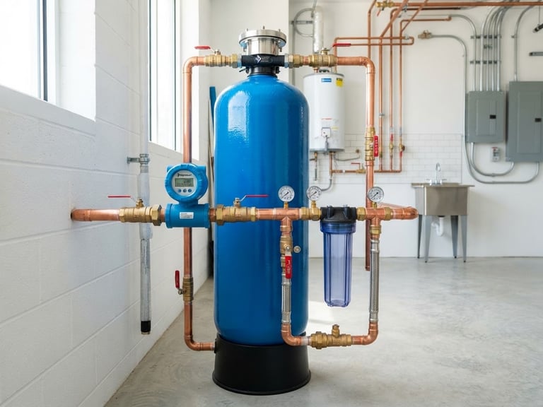 A clean, modern utility room showcasing a newly installed industrial water filtration tank, copper pipes, and a digital flow meter under clear daylight.