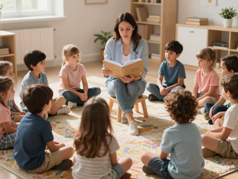 A wide, warm-daylight photo of a teacher sitting on a low wooden stool, reading a thick paperboard book to an engaged circle of preschool children sitting on a colorful rug.