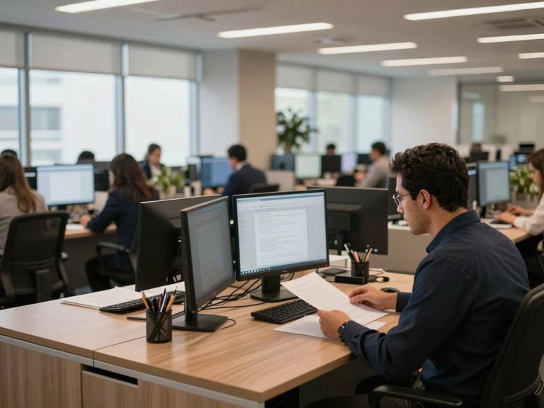 Wide environmental shot of a modern Brazilian law firm's open-plan workspace, warm ambient light from large windows, lawyers at desks reviewing documents on screens, editorial depth of field with the foreground desk sharp and background softly blurred, no people facing camera