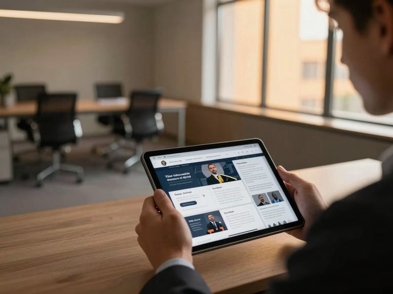 Over-the-shoulder wide shot of a lawyer's hands scrolling through a tablet displaying branded social media graphics and legal content templates, warm amber window light from the right, modern open-plan office background softly out of focus, documentary framing with generous negative space on the left