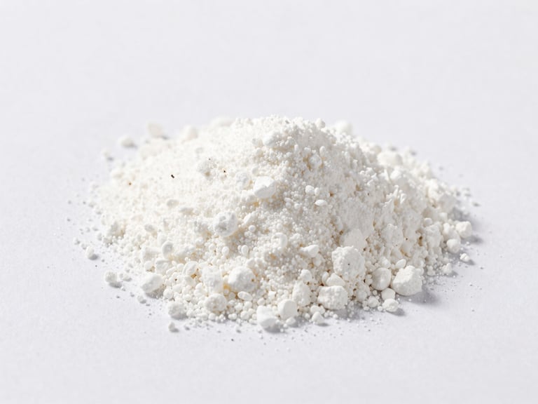Macro shot of pure white amino acid powder on a clean white surface, high-key studio lighting, sharp focus, minimalist composition.